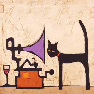 cat, gramophone, wine